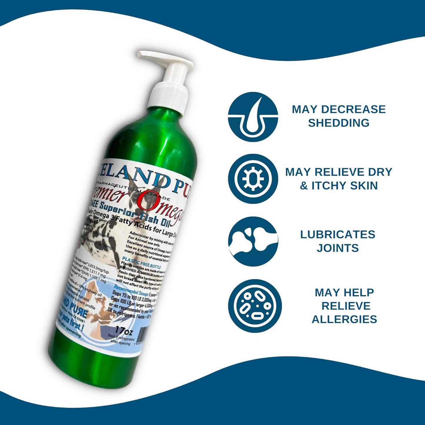 Iceland Pure Premier Omega Fish Oil Supplement for Large Dog Breeds | Wild Caught | 3053mg Omega-3 per Teaspoon | Ethyl Ester Distillation | BPA-Free Pump Bottle | 17oz Brushed Aluminum