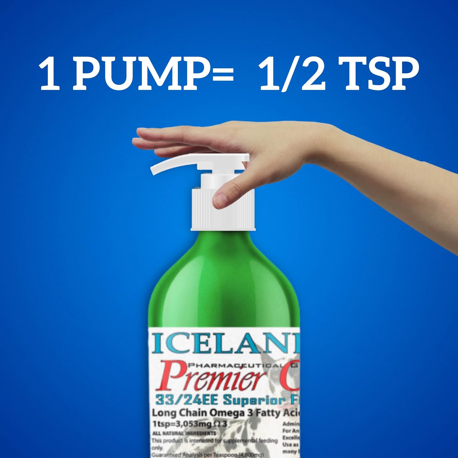 Iceland Pure Premier Omega Fish Oil Supplement for Large Dog Breeds | Wild Caught | 3053mg Omega-3 per Teaspoon | Ethyl Ester Distillation | BPA-Free Pump Bottle | 17oz Brushed Aluminum
