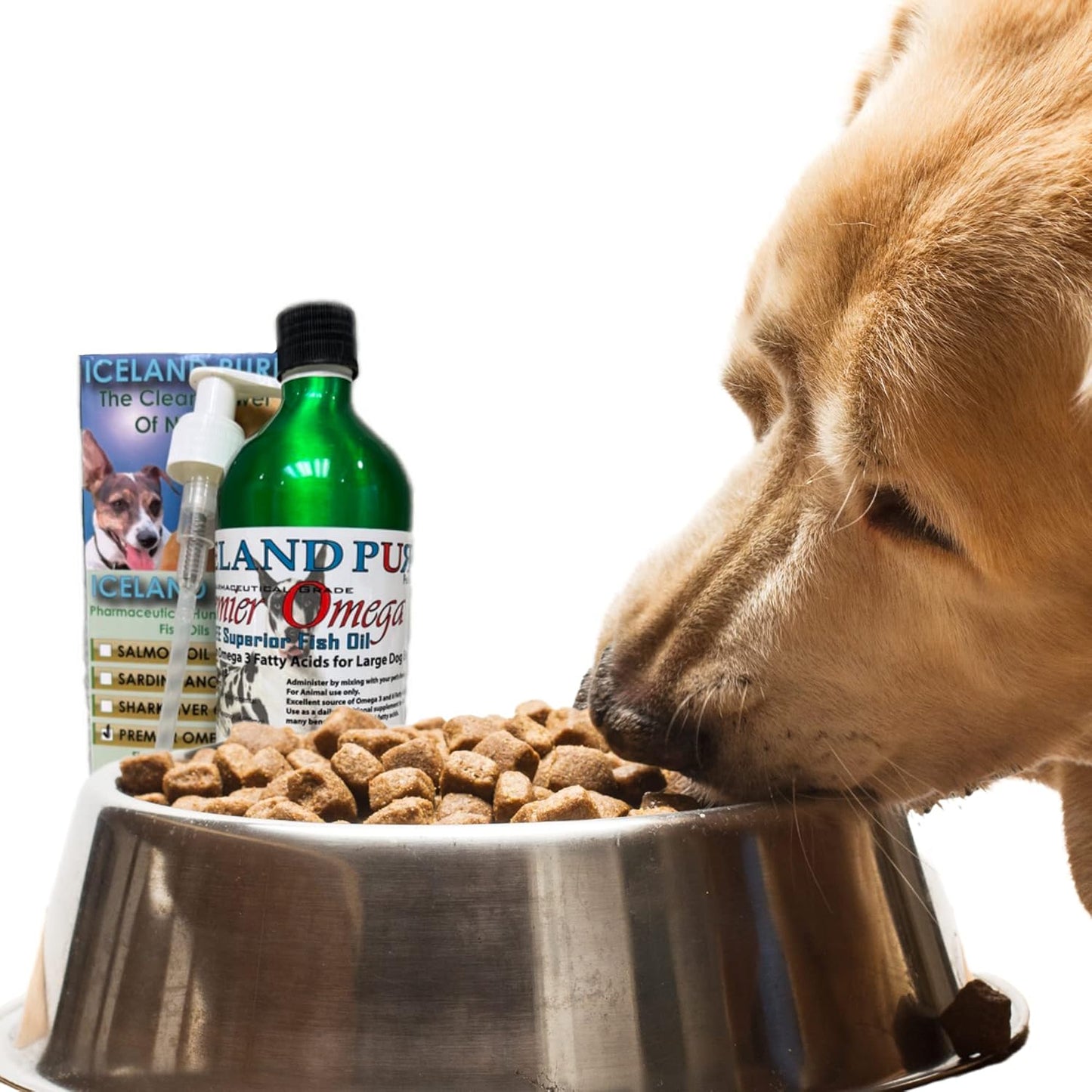 Iceland Pure Premier Omega Fish Oil Supplement for Large Dog Breeds | Wild Caught | 3053mg Omega-3 per Teaspoon | Ethyl Ester Distillation | BPA-Free Pump Bottle | 17oz Brushed Aluminum