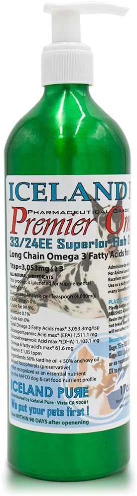 Iceland Pure Premier Omega Fish Oil Supplement for Large Dog Breeds | Wild Caught | 3053mg Omega-3 per Teaspoon | Ethyl Ester Distillation | BPA-Free Pump Bottle | 17oz Brushed Aluminum