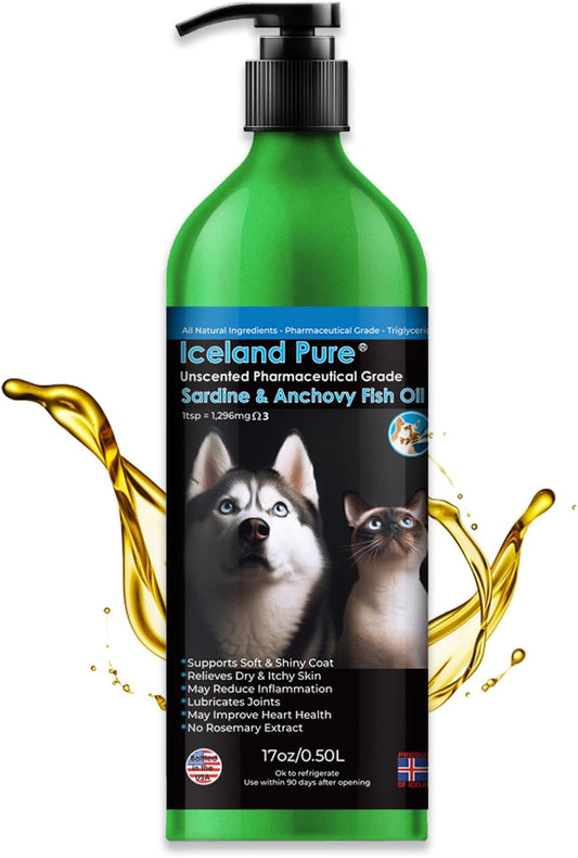 Iceland Pure Sardine Anchovy Oil for Dogs & Cats | 1296mg Omega | Unscented Pharmaceutical Grade | BPA-Free Bottle | Pump Dispenser | 17 OZ
