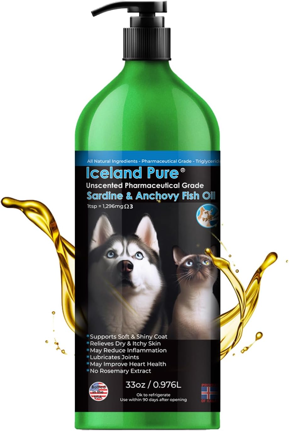 Iceland Pure Sardine Anchovy Oil for Dogs & Cats | Unscented Pharmaceutical Grade | 1296mg Omega | BPA-Free Pump Bottle 33 OZ