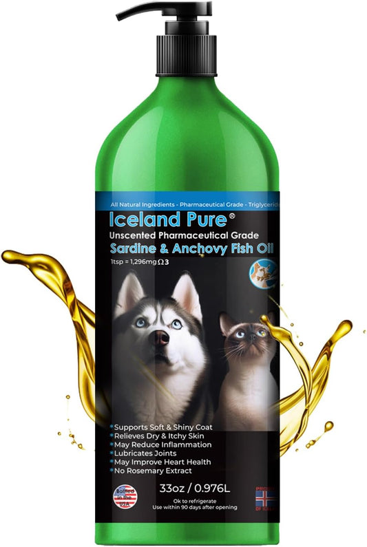 Iceland Pure Sardine Anchovy Oil for Dogs & Cats | Unscented Pharmaceutical Grade | 1296mg Omega | BPA-Free Pump Bottle 33 OZ