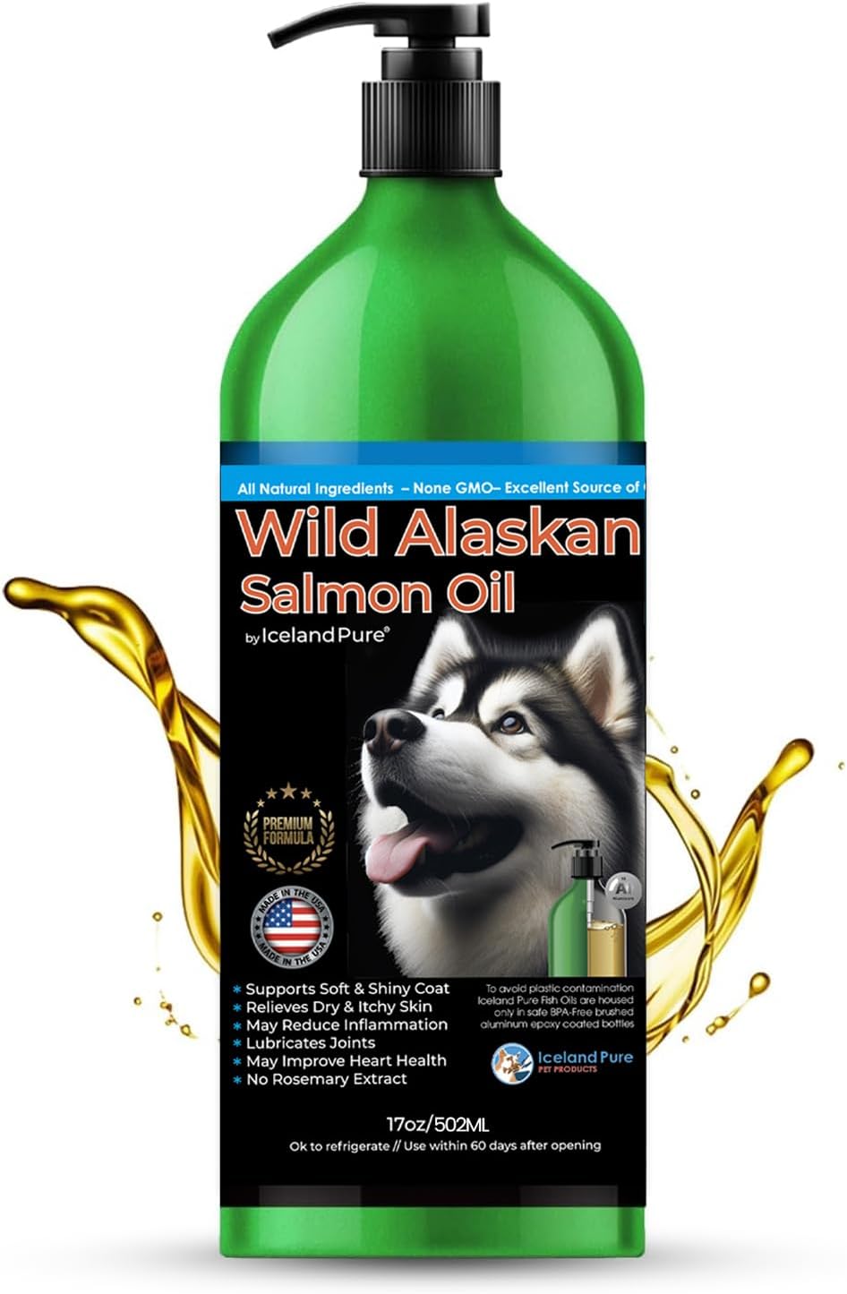 Iceland Pure Wild Alaskan Salmon Oil for Pets | Omega-3-Rich Blend | BPA-Free Pump Bottle - 17 oz