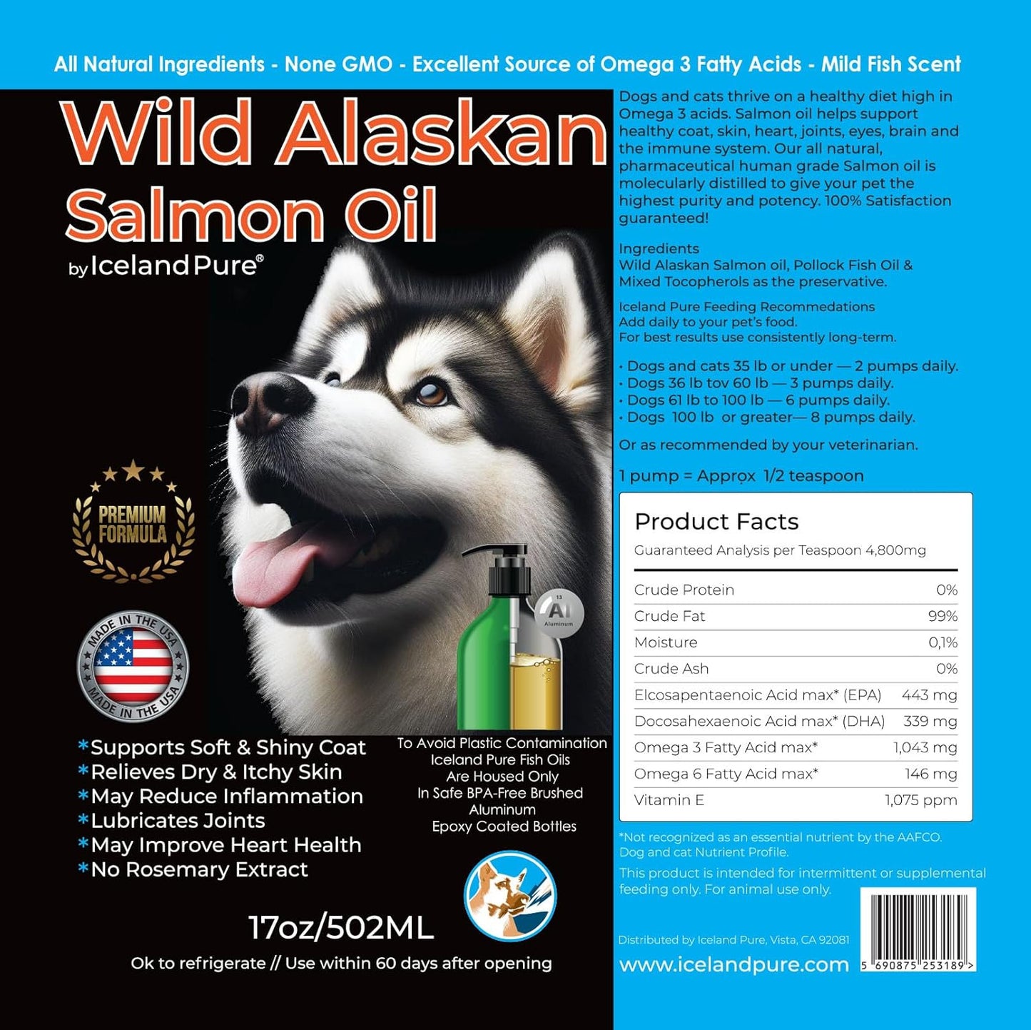 Iceland Pure Wild Alaskan Salmon Oil for Pets | Omega-3-Rich Blend | BPA-Free Pump Bottle - 17 oz