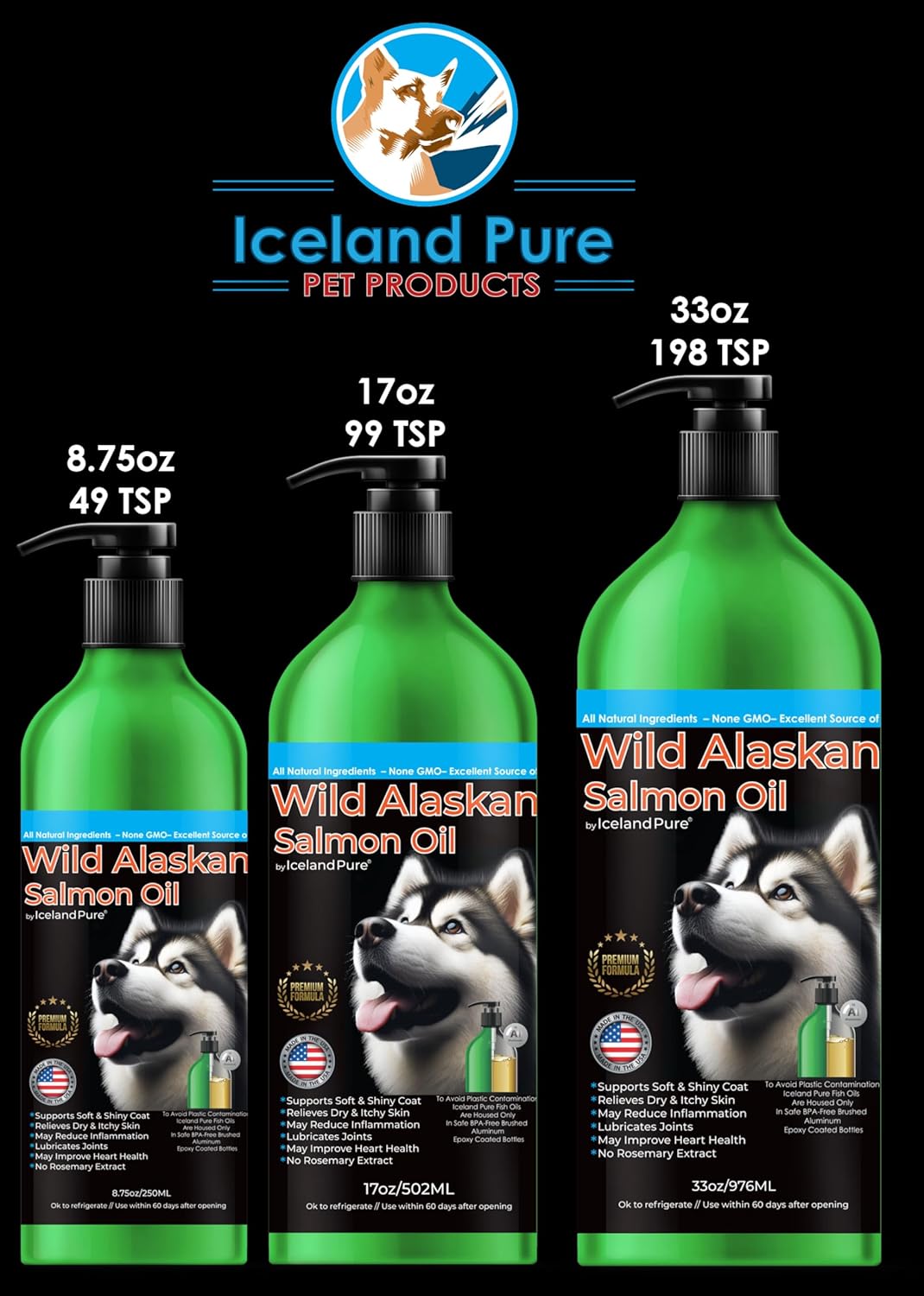 Iceland Pure Wild Alaskan Salmon Oil for Pets | Omega-3-Rich Blend | BPA-Free Pump Bottle - 17 oz