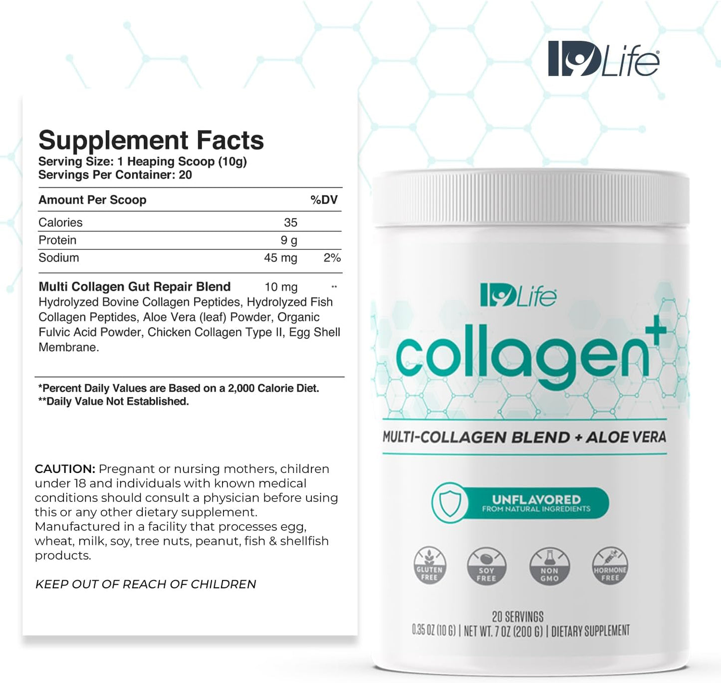 IDLife Collagen+ Powder Drink - Multi-Collagen Blend with Fulvic Acid & Aloe Vera - Supports Healthy Hair, Skin, Nails, Joints & Gut - 20 Servings, 200g