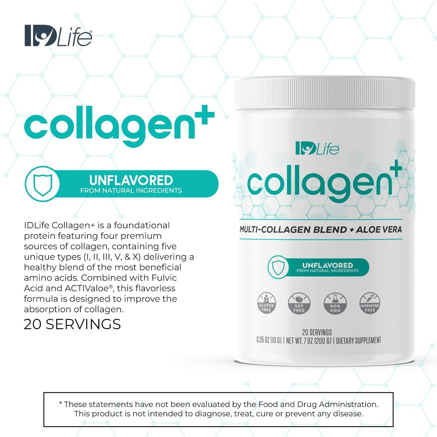 IDLife Collagen+ Powder Drink - Multi-Collagen Blend with Fulvic Acid & Aloe Vera - Supports Healthy Hair, Skin, Nails, Joints & Gut - 20 Servings, 200g