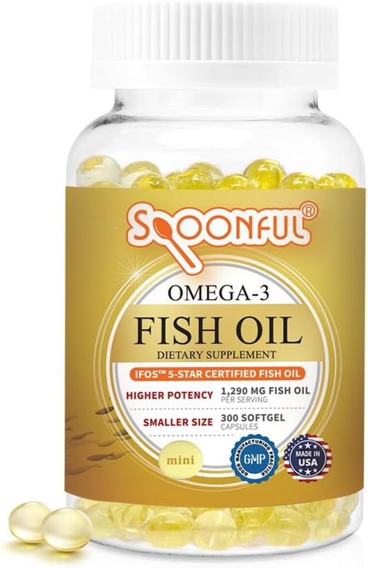 iFOS Certified Spoonful Mini Omega 3 Fish Oil Softgels, 1290mg, 300 Pearls, Easy to Swallow for Women and Seniors, Made in USA