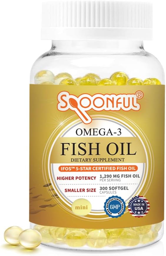 iFOS Certified Spoonful Mini Omega 3 Fish Oil Softgels, 1290mg, 300 Pearls, Easy to Swallow for Women and Seniors, Made in USA