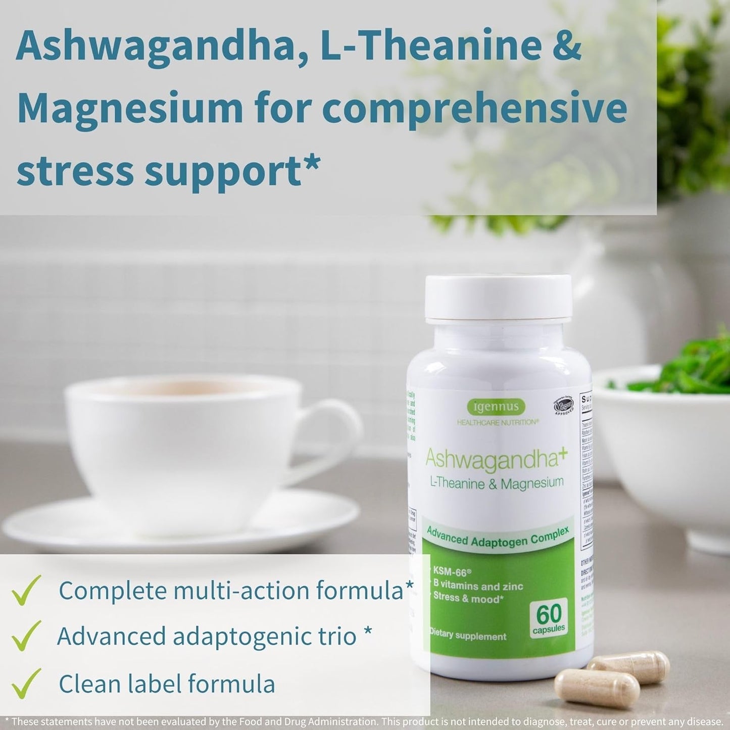 Igennus Advanced Ashwagandha KSM-66, L-Theanine, Magnesium & More for Stress Support - 60 Vegan Capsules