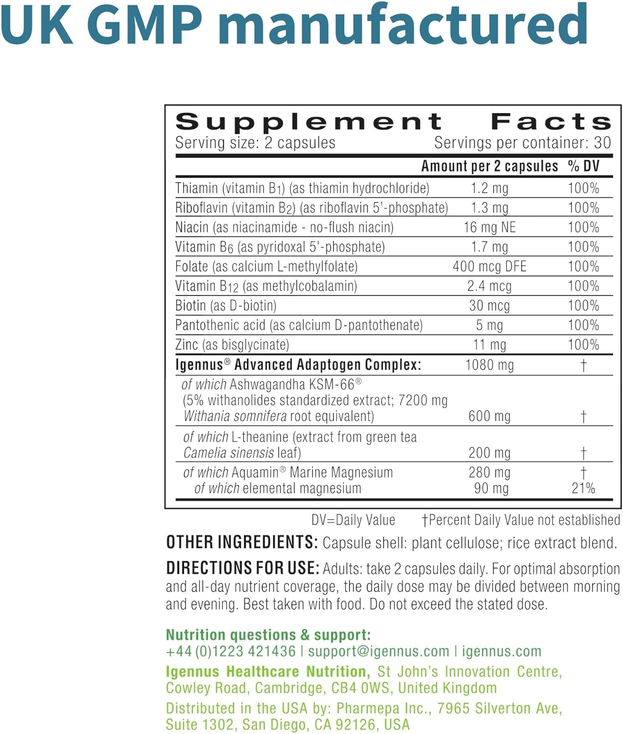 Igennus Advanced Ashwagandha KSM-66, L-Theanine, Magnesium & More for Stress Support - 60 Vegan Capsules