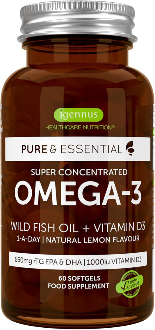 Igennus Advanced Omega-3 Fish Oil with Vitamin D3, 1-a-Day Softgels, High EPA & DHA, rTG Triglyceride Form, Non-GMO - 60 Count