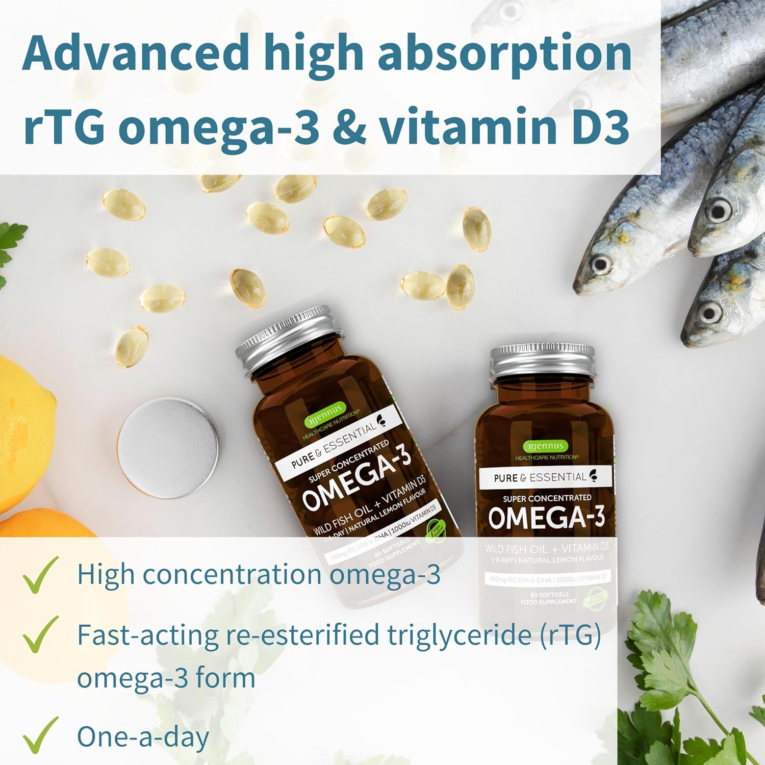 Igennus Advanced Omega-3 Fish Oil with Vitamin D3, 1-a-Day Softgels, High EPA & DHA, rTG Triglyceride Form, Non-GMO - 60 Count