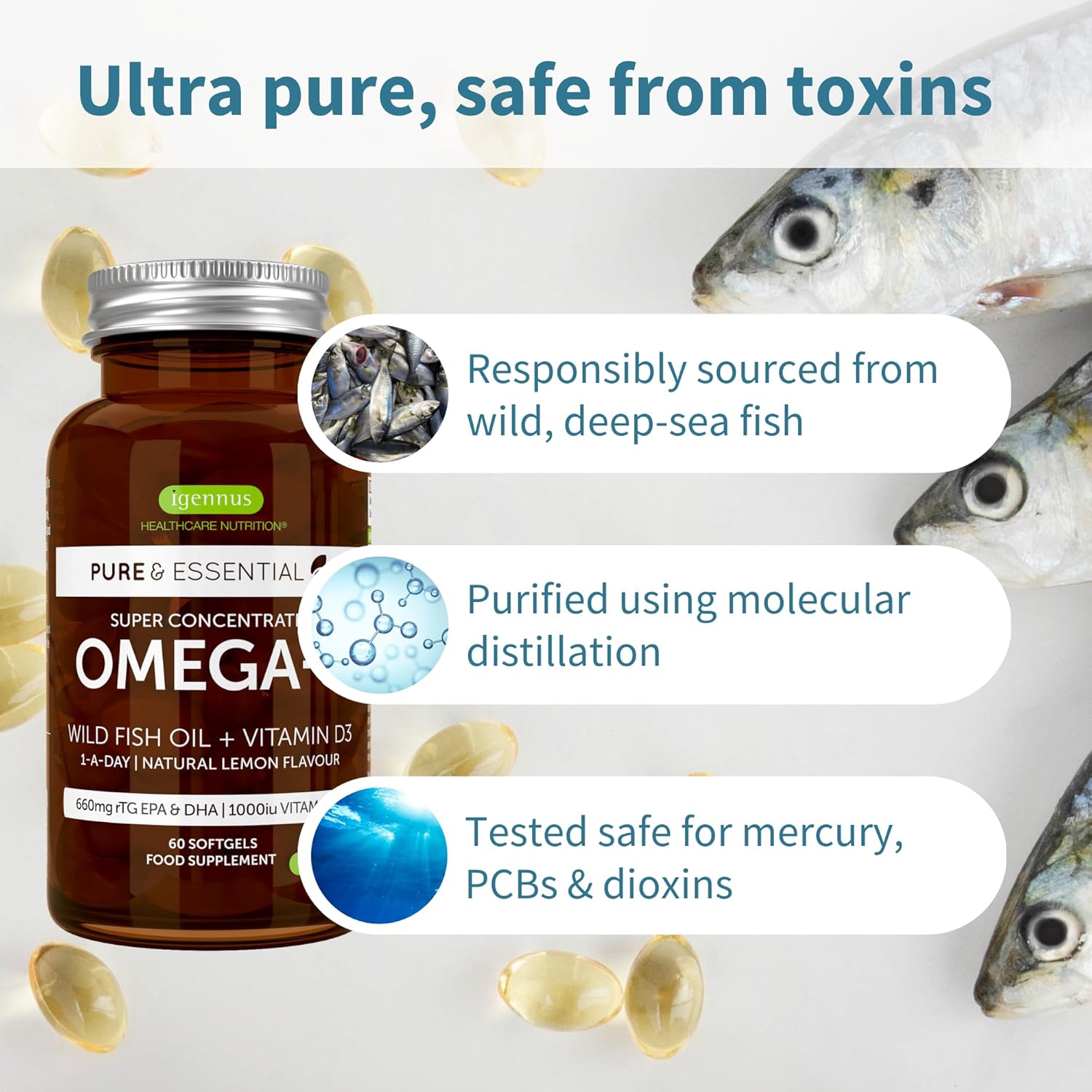 Igennus Advanced Omega-3 Fish Oil with Vitamin D3, 1-a-Day Softgels, High EPA & DHA, rTG Triglyceride Form, Non-GMO - 60 Count