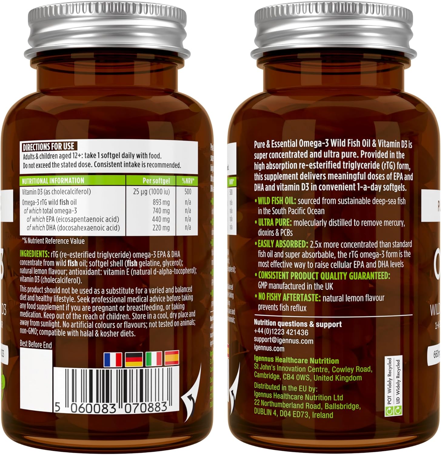 Igennus Advanced Omega-3 Fish Oil with Vitamin D3, 1-a-Day Softgels, High EPA & DHA, rTG Triglyceride Form, Non-GMO - 60 Count