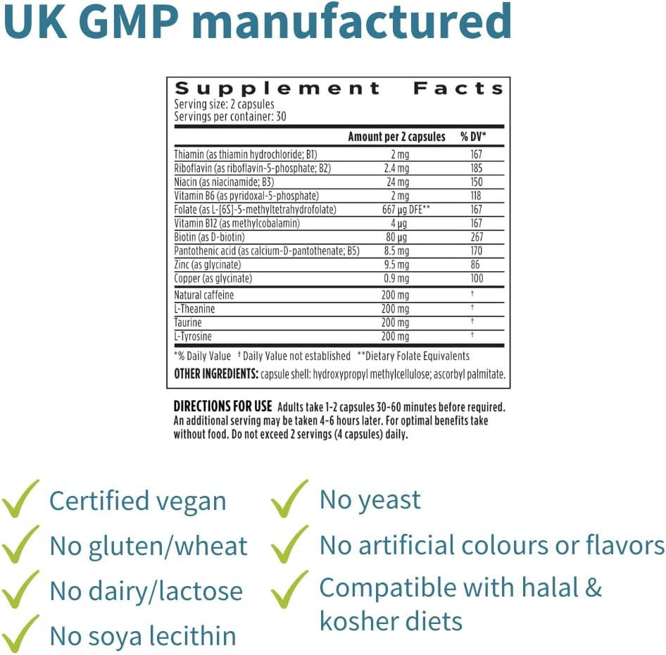 Igennus Focus: Methylated Nootropic for Cognitive Performance - 200mg Natural Caffeine, B Vitamins, L-Theanine, Taurine, L-Tyrosine - Non Jittery Clean Energy - 60 Capsules