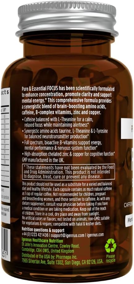 Igennus Focus: Methylated Nootropic for Cognitive Performance - 200mg Natural Caffeine, B Vitamins, L-Theanine, Taurine, L-Tyrosine - Non Jittery Clean Energy - 60 Capsules