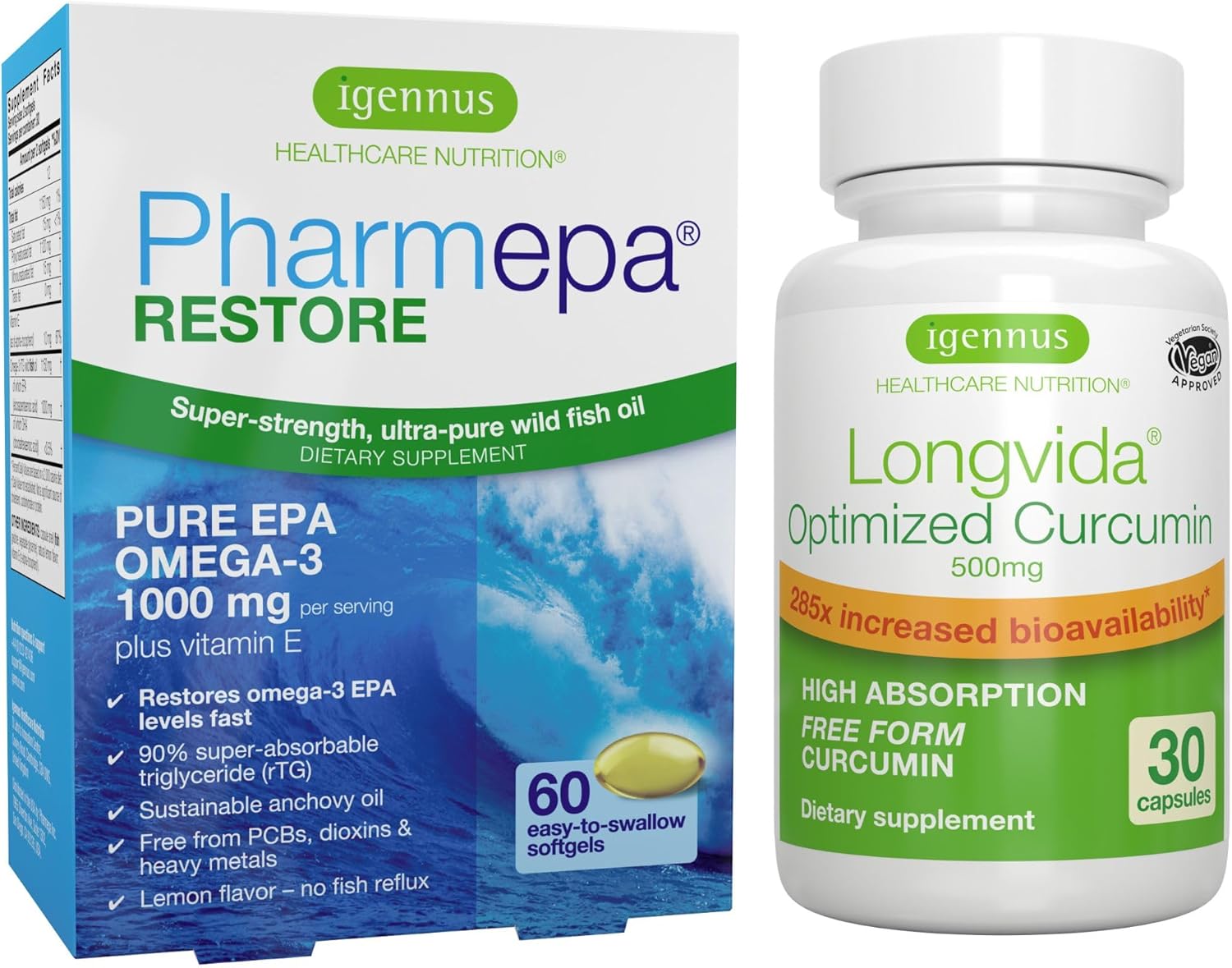 Igennus Healthcare Nutrition Bundle: Pharmepa Restore & Longvida Lipidated Curcumin for Omega-3 & Curcumin Support