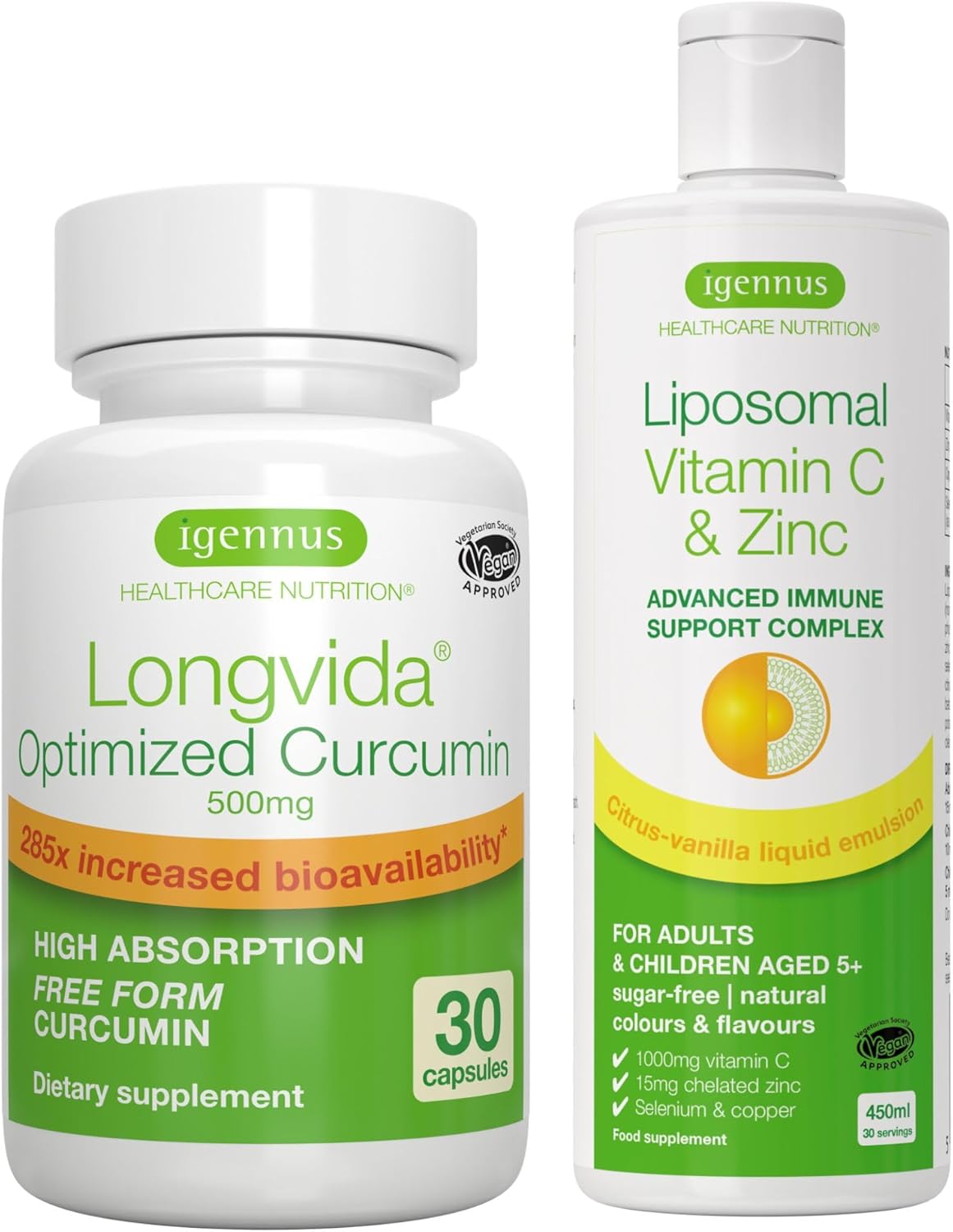 Igennus Healthcare Nutrition Liposomal Vitamin C & Zinc + Longvida Curcumin Bundle - High Absorption Immune Support Complex