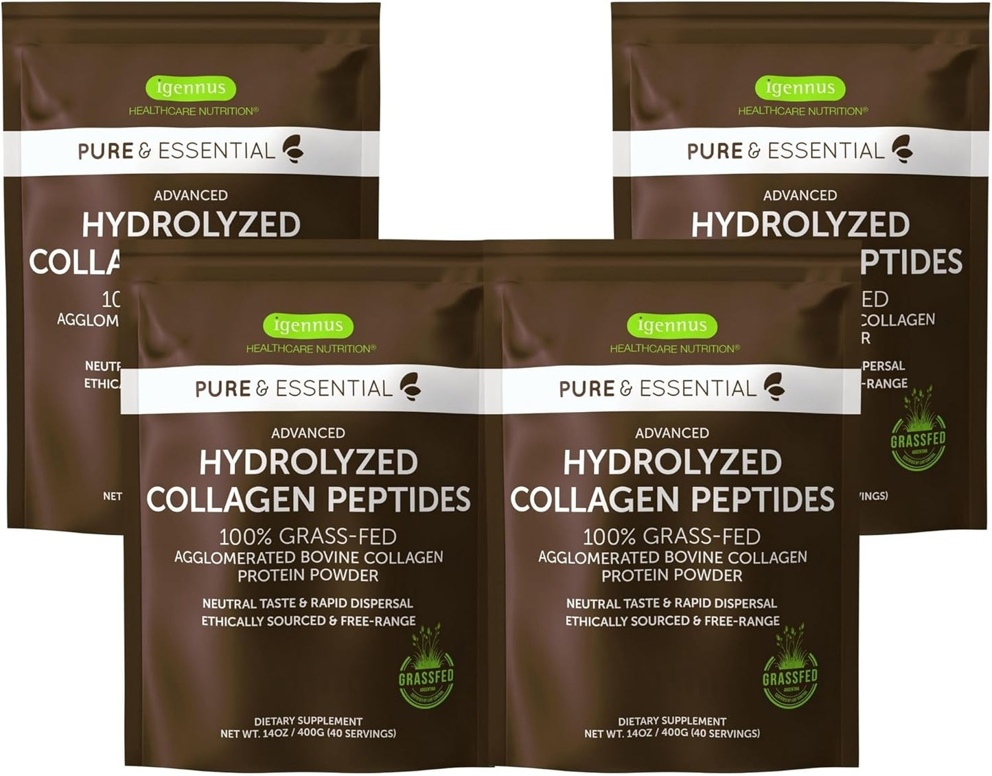 Igennus Hydrolyzed Bovine Collagen Protein Powder - Grass Fed, Types 1, 2 & 3, Non-GMO - 4 x 40 Servings