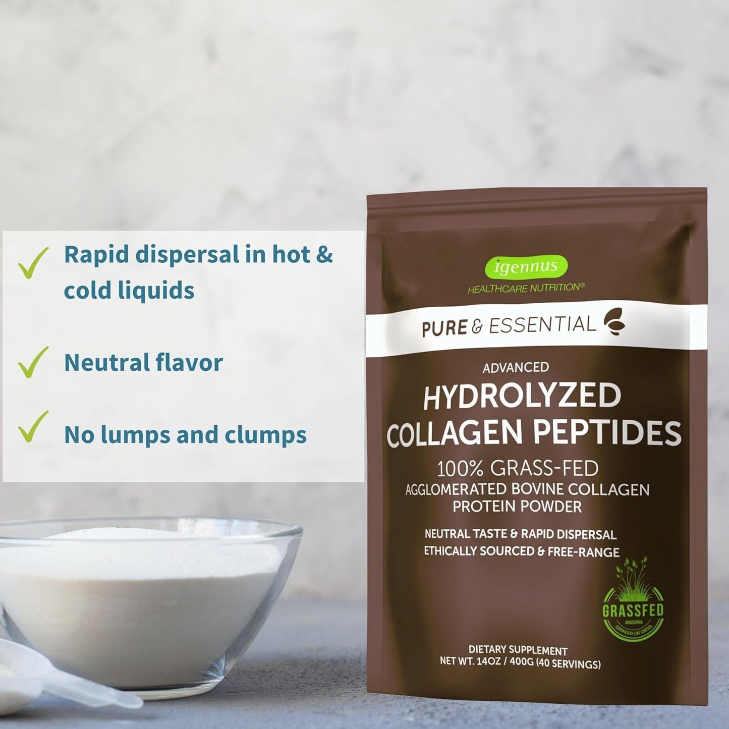 Igennus Hydrolyzed Bovine Collagen Protein Powder - Grass Fed, Types 1, 2 & 3, Non-GMO - 4 x 40 Servings