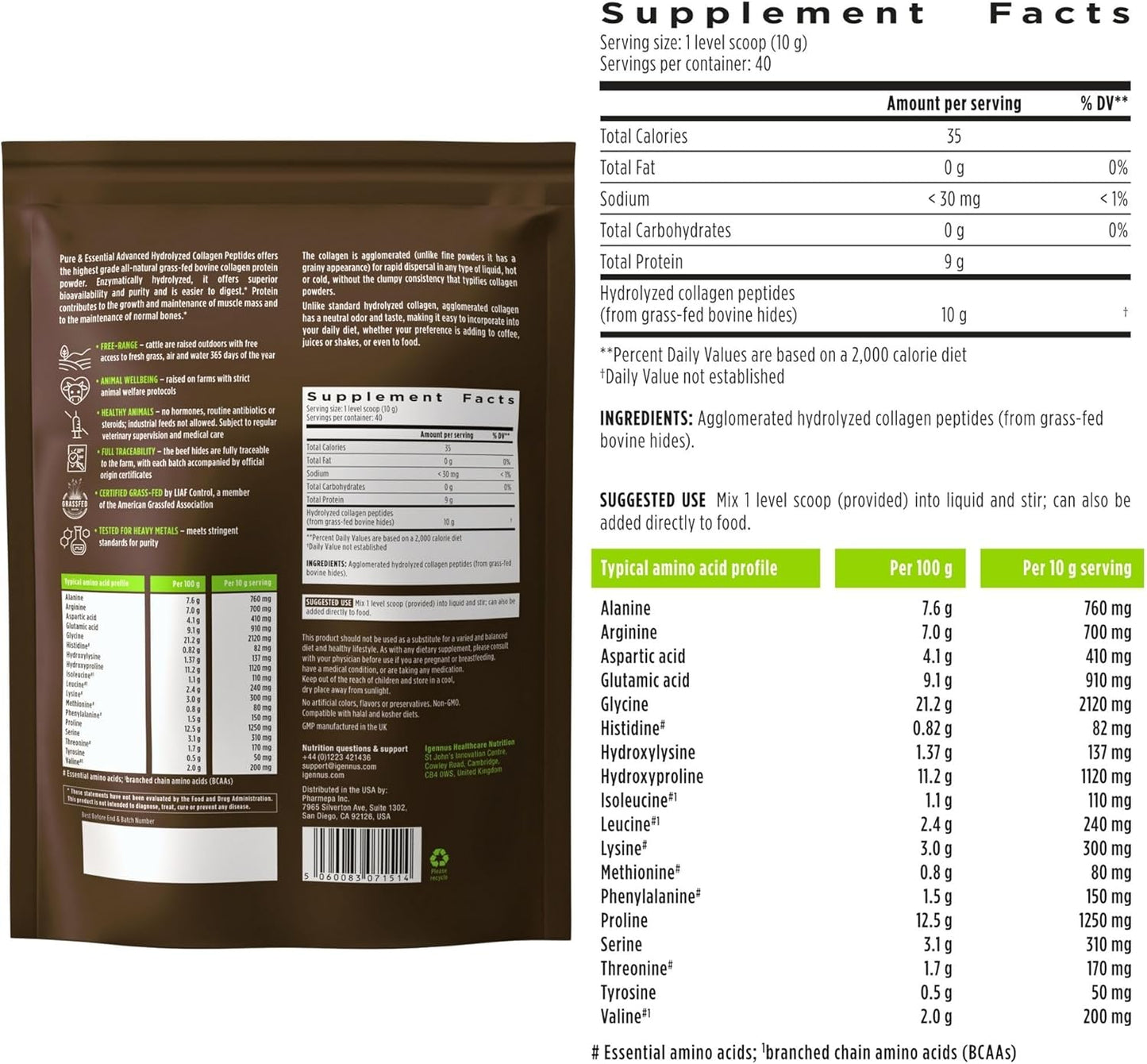 Igennus Hydrolyzed Bovine Collagen Protein Powder - Grass Fed, Types 1, 2 & 3, Non-GMO - 4 x 40 Servings