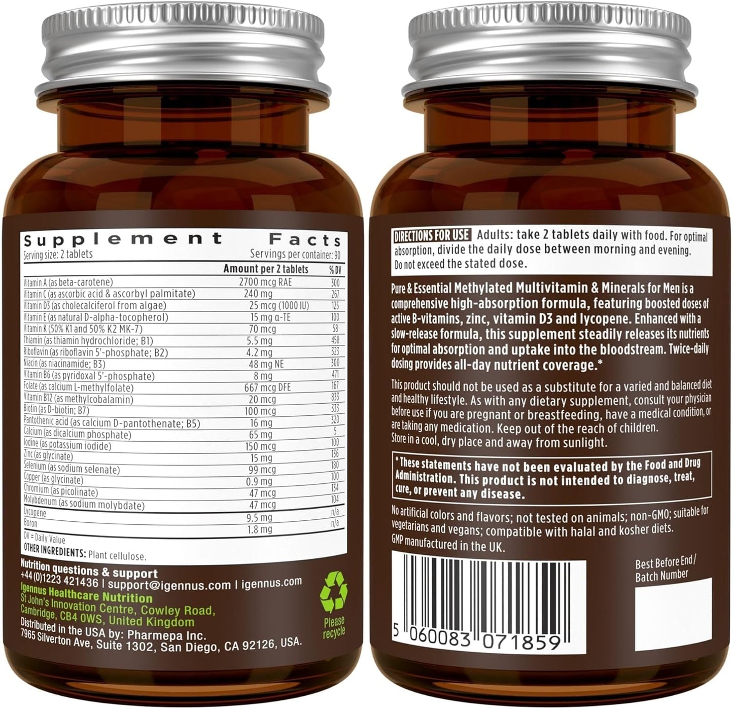 Igennus Methylated Men's Multivitamin - 180 Tablets, Bioavailable MTHFR Supplement with Active B-Vitamins for Sustained Release