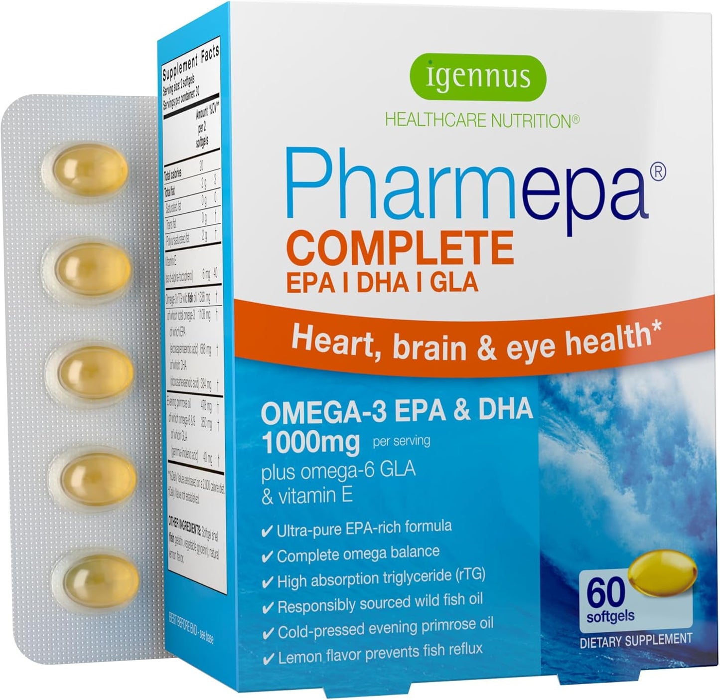 Igennus Pharmepa Complete EPA DHA Omega 3 Fish Oil with GLA, Lemon Flavor - 60 Softgels