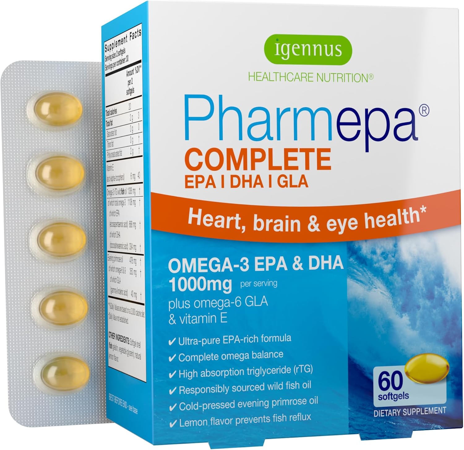 Igennus Pharmepa Complete EPA DHA Omega 3 Fish Oil with GLA, Lemon Flavor - 60 Softgels