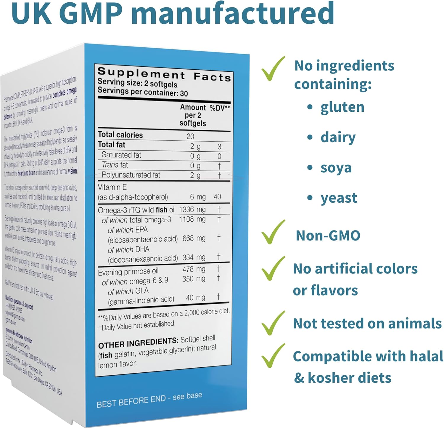 Igennus Pharmepa Complete EPA DHA Omega 3 Fish Oil with GLA, Lemon Flavor - 60 Softgels