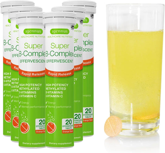 Igennus Super B-Complex Liquid B-Vitamin Effervescent Drink - Methylated Energy Supplement, Orange Flavor, 120 Tablets