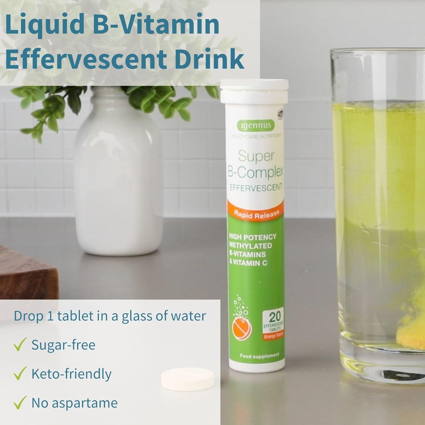 Igennus Super B-Complex Liquid B-Vitamin Effervescent Drink - Methylated Energy Supplement, Orange Flavor, 120 Tablets