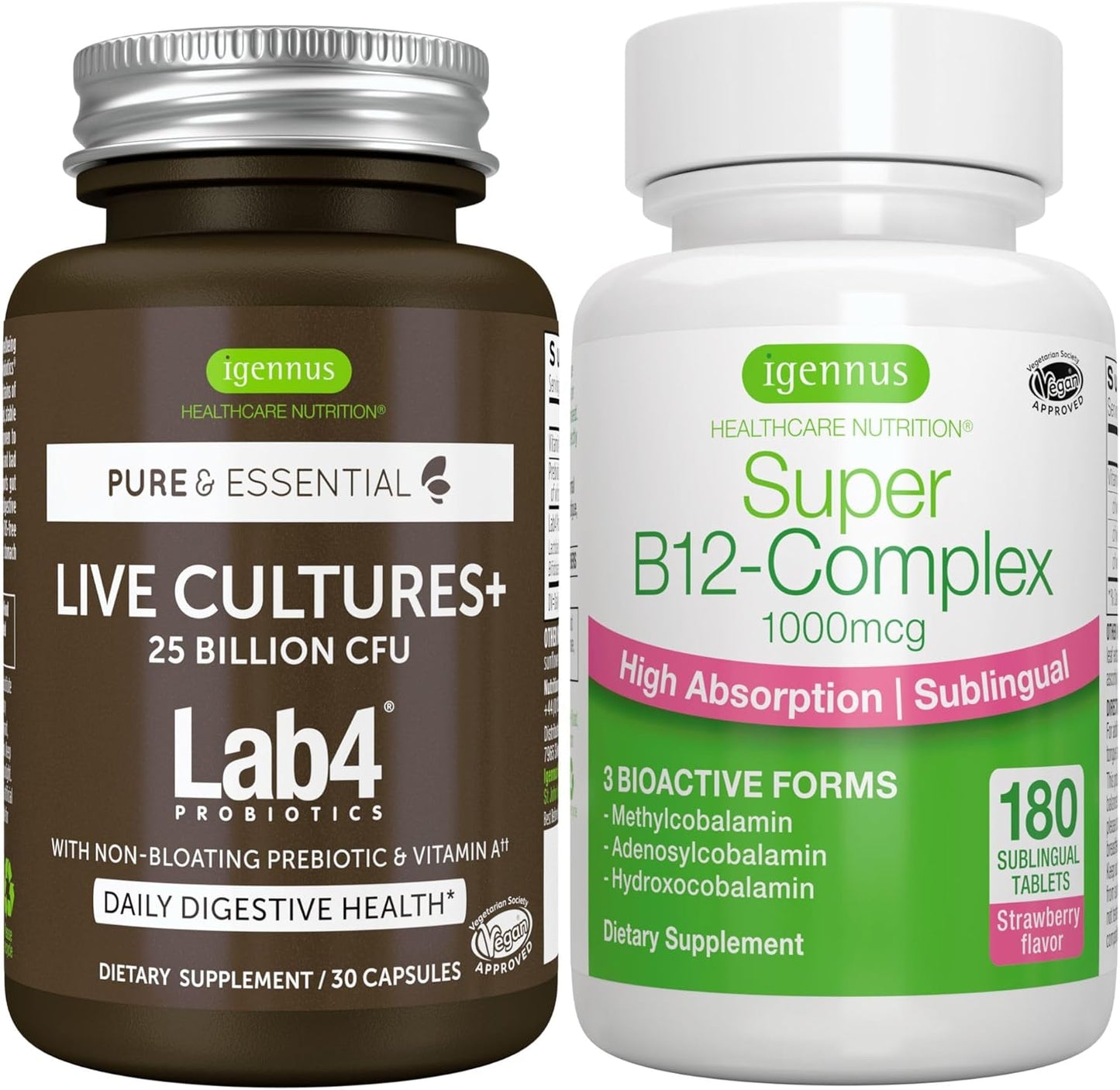 Igennus Vegan Live Cultures+ Lab4 Probiotics & B12-Complex Bundle - 25 Billion CFU, High Absorption Formula