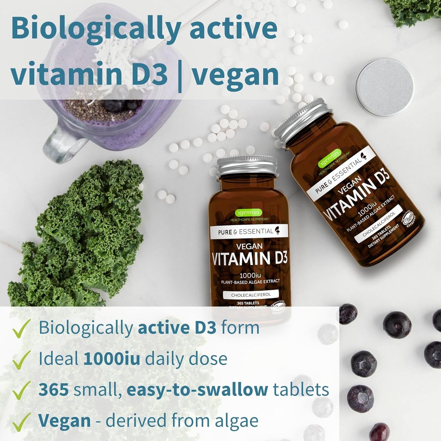 Igennus Vegan Vitamin D3 + B12 Bundle: 365 Tablets of 1000iu D3 + High Absorption Sublingual B12