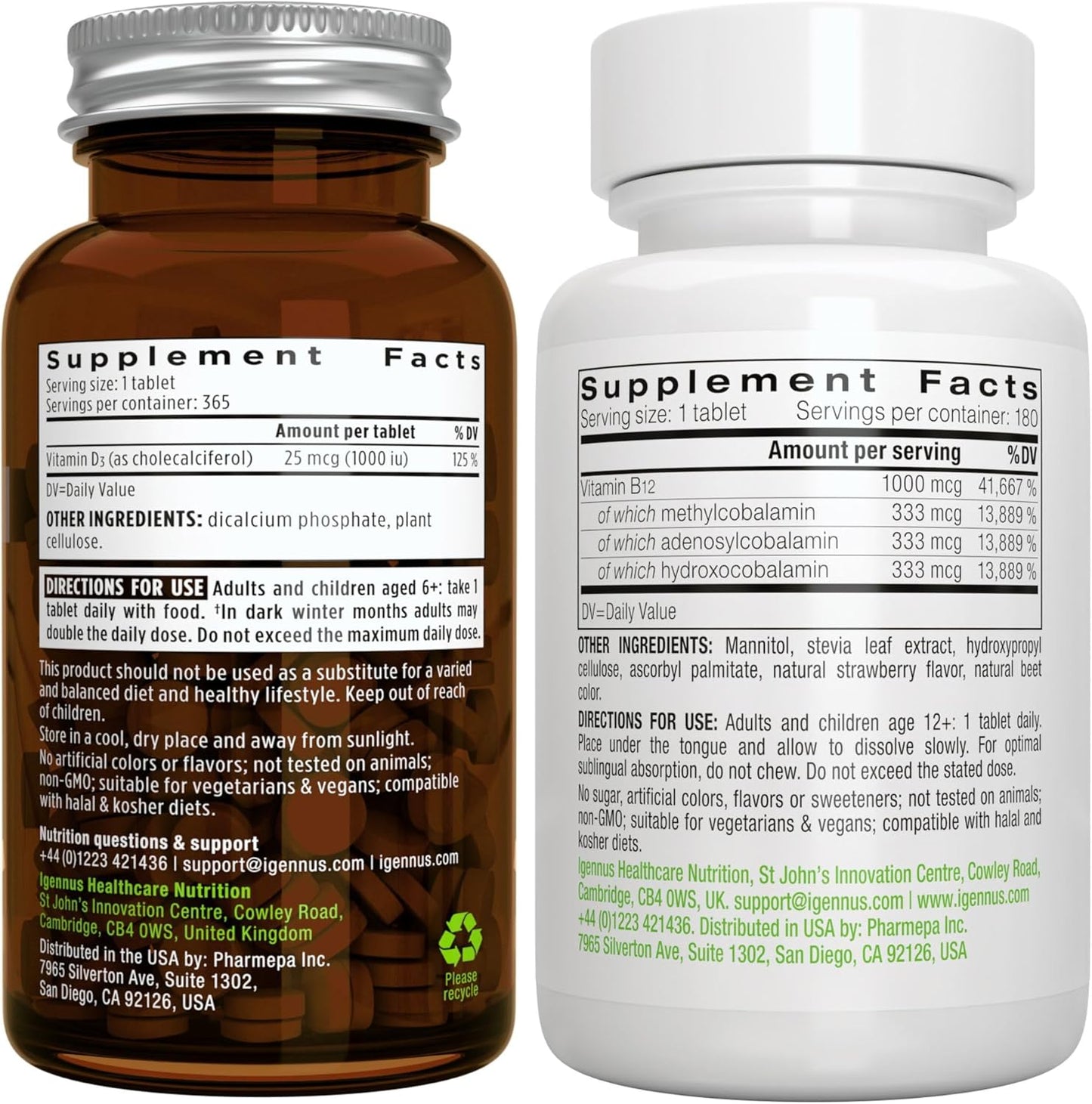 Igennus Vegan Vitamin D3 + B12 Bundle: 365 Tablets of 1000iu D3 + High Absorption Sublingual B12