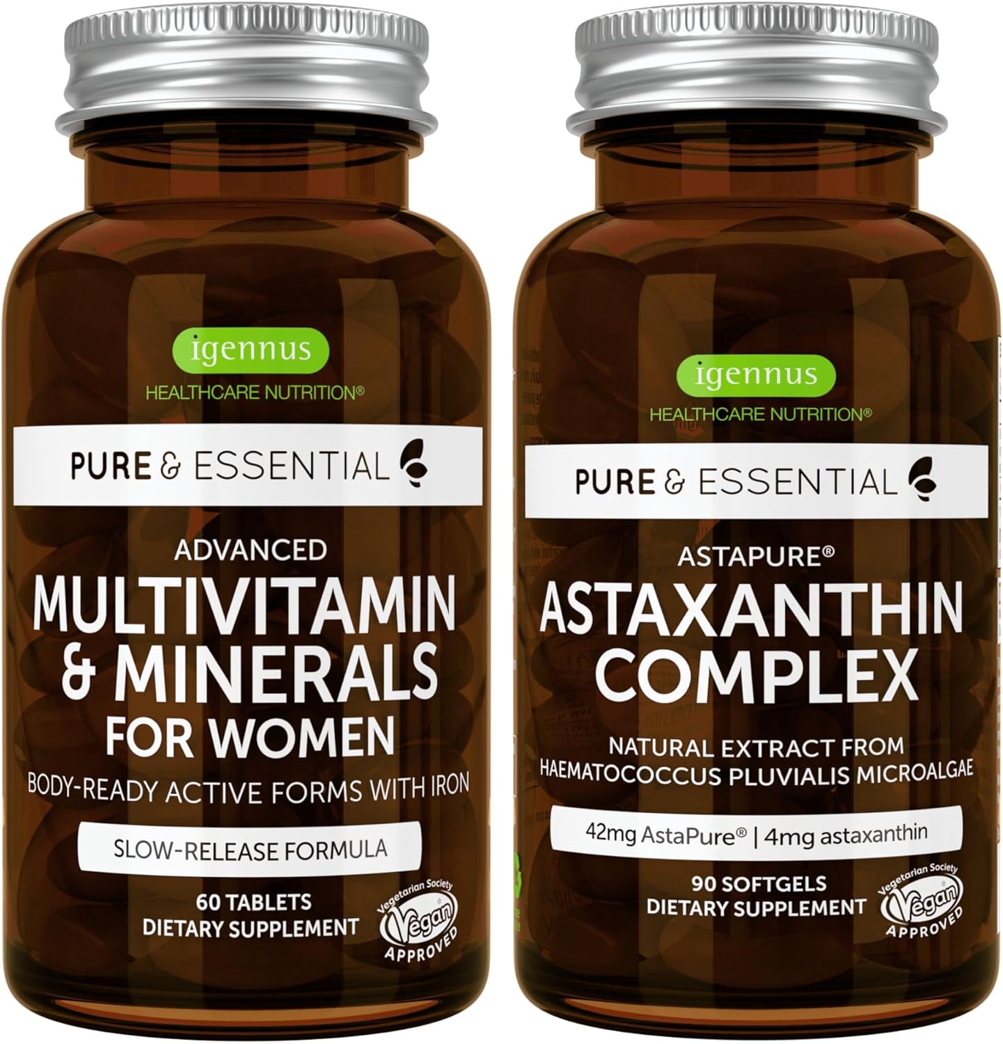 Igennus Women's Multivitamin Bundle with Astaxanthin Complex - Vegan, Sustained Release Formula with Iron and Natural Astaxanthin