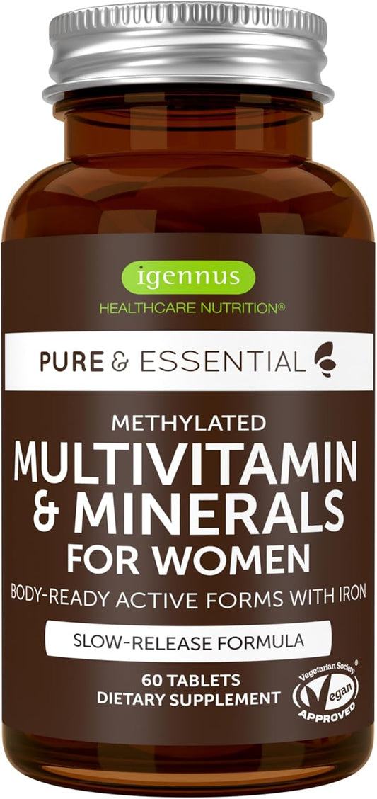 Igennus Women's Multivitamin with Methylated Folate for MTHFR, Iron, Non-GMO, Halal - 60 Vegan Tablets