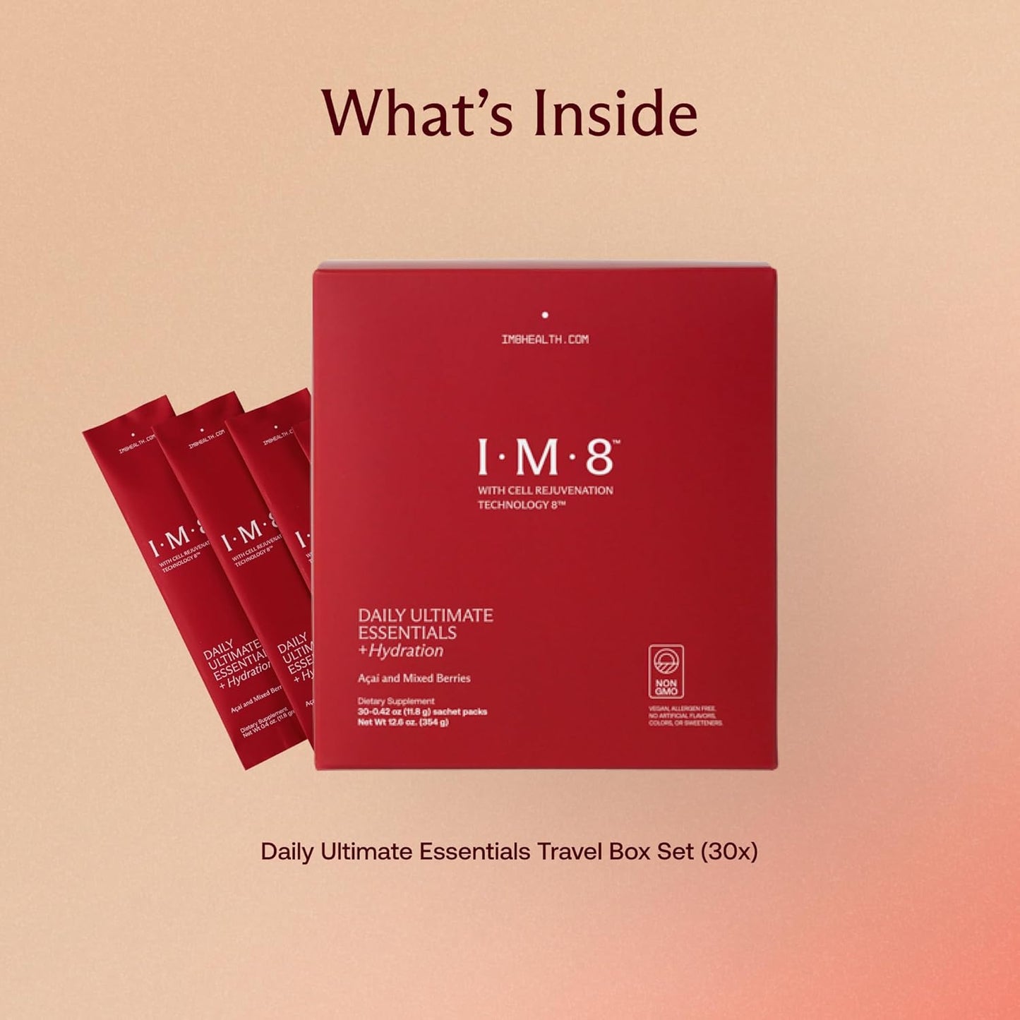 IM8 Daily Ultimate Essentials All-in-One Multivitamin Supplement with 92 Nutrient Rich Ingredients including CoQ10, Probiotics, Vitamins, and Greens - Gluten Free, Vegan, Acai Mixed Berry Flavor - 30 Servings in Travel Packs