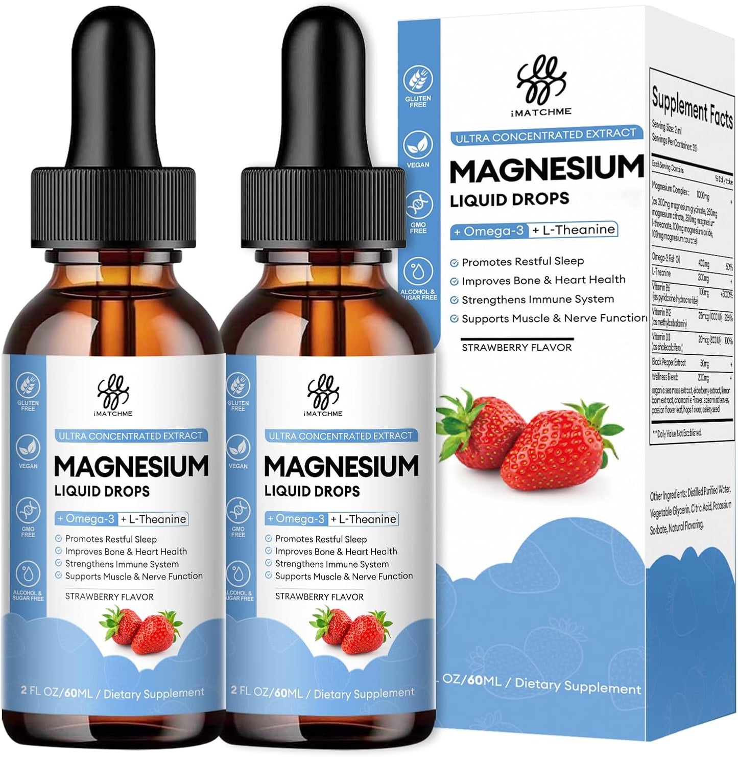 iMATCHME Magnesium Glycinate Liquid Drops (2 Pack) with Citrate, Oxide, Taurate, Omega3, L-Theanine, D3, B6, B12 - Calm, Sleep, Leg Cramps, Energy - Sugar-Free Strawberry Flavor