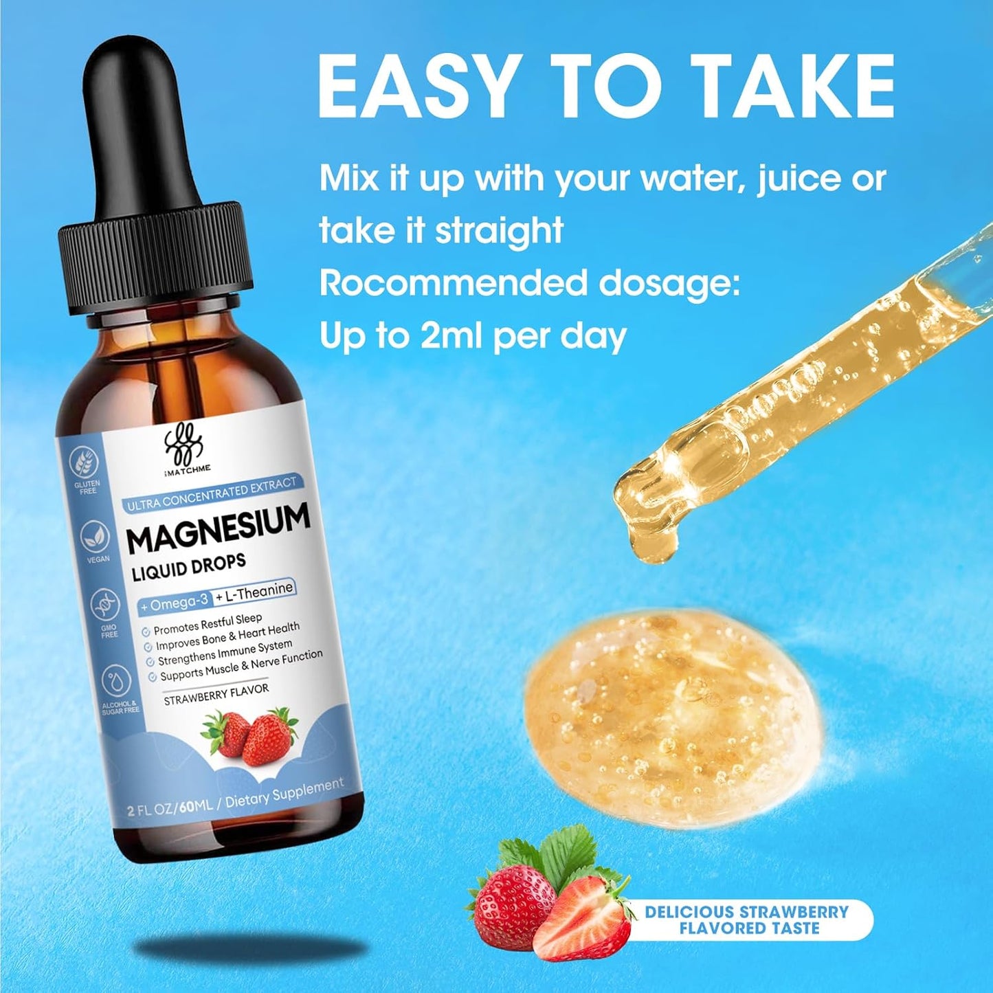 iMATCHME Magnesium Glycinate Liquid Drops (2 Pack) with Citrate, Oxide, Taurate, Omega3, L-Theanine, D3, B6, B12 - Calm, Sleep, Leg Cramps, Energy - Sugar-Free Strawberry Flavor