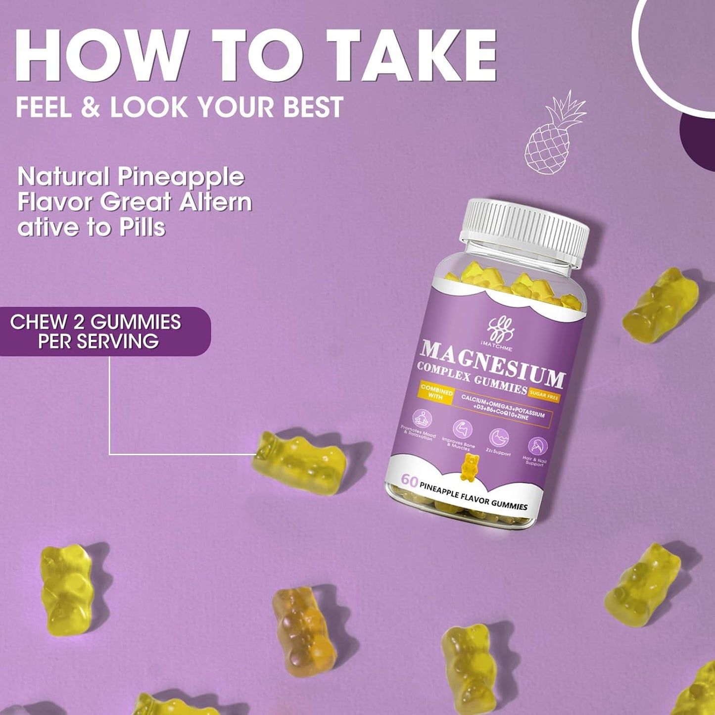 iMATCHME Magnesium Gummies with Potassium Complex, CoQ10, Calcium - Memory, Bone, Calm, Sleep Support - 60 Pineapple Gummies