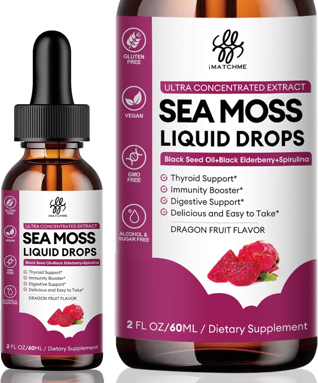 iMATCHME Sea Moss Black Seed Oil Complex with Spirulina & Elderberry for Immune Support, Gut Health, Skin, Energy - Dragon Fruit Flavor, 2oz