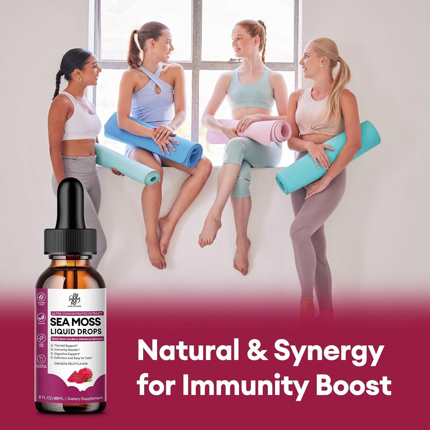 iMATCHME Sea Moss Black Seed Oil Complex with Spirulina & Elderberry for Immune Support, Gut Health, Skin, Energy - Dragon Fruit Flavor, 2oz