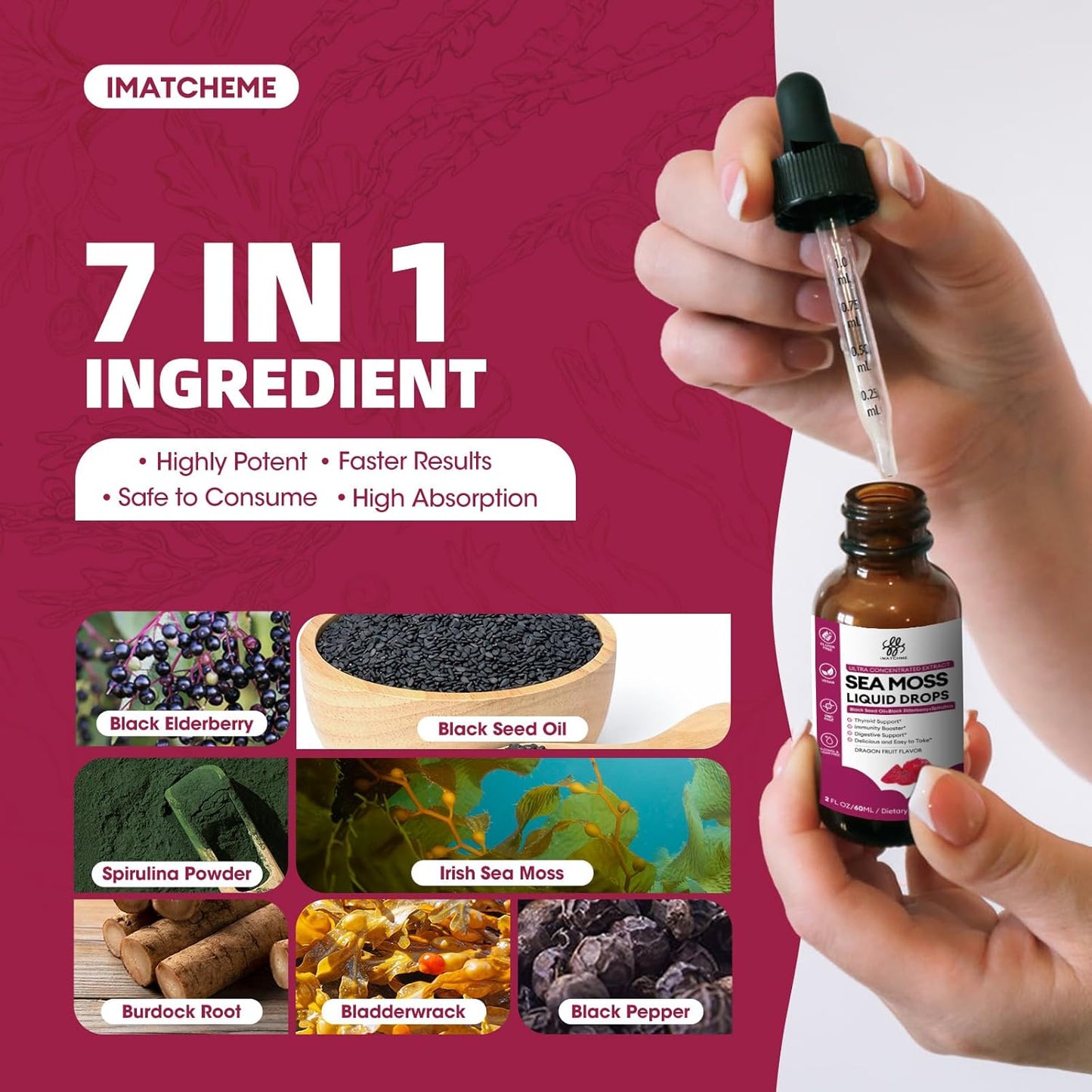 iMATCHME Sea Moss Black Seed Oil Complex with Spirulina & Elderberry for Immune Support, Gut Health, Skin, Energy - Dragon Fruit Flavor, 2oz