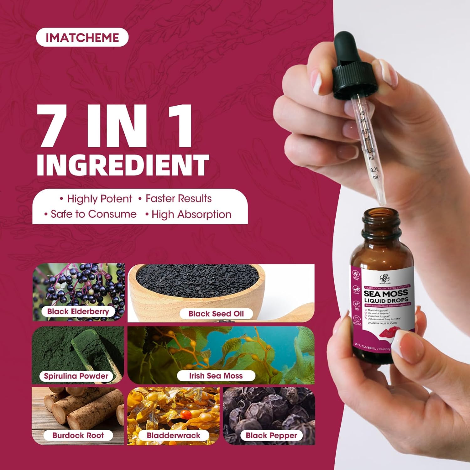 iMATCHME Sea Moss Black Seed Oil Complex with Spirulina & Elderberry for Immune Support, Gut Health, Skin, Energy - Dragon Fruit Flavor, 2oz