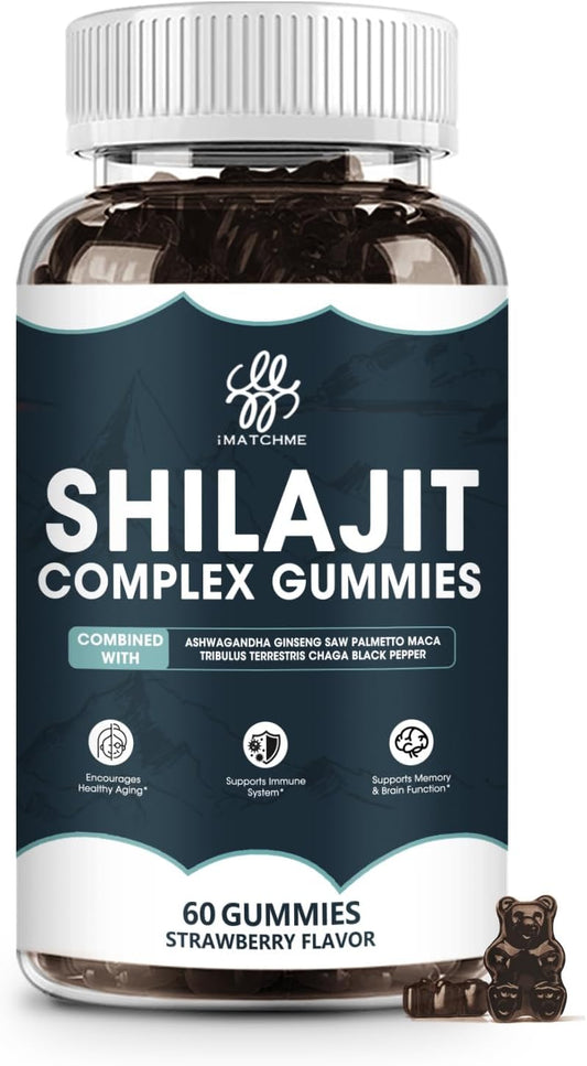 iMATCHME Shilajit Complex Gummies 1400MG with Ashwagandha for Energy and Immune Support - Men's Energy Booster, Sugar-Free Strawberry Flavor - 60 Count
