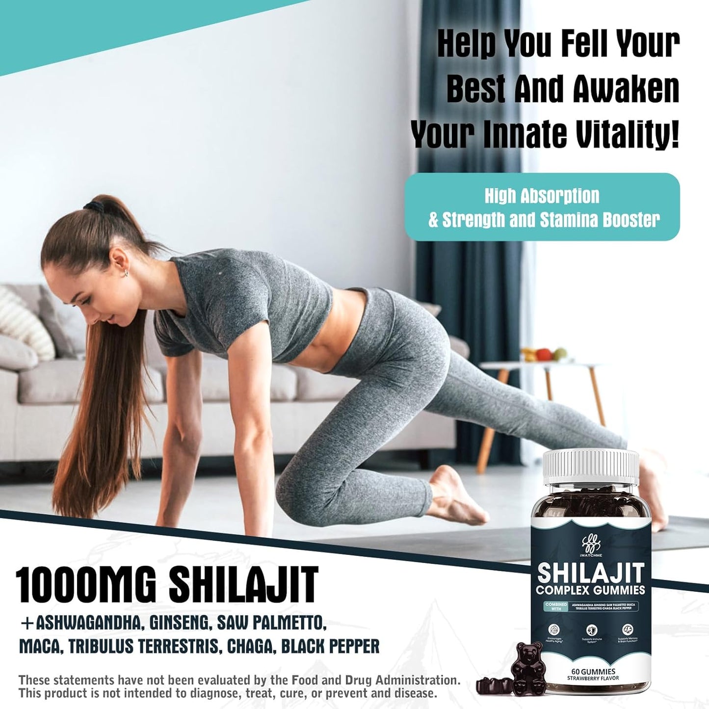 iMATCHME Shilajit Complex Gummies 1400MG with Ashwagandha for Energy and Immune Support - Men's Energy Booster, Sugar-Free Strawberry Flavor - 60 Count