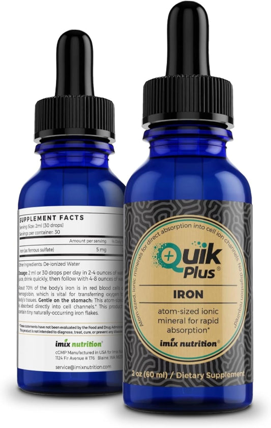 Imix Nutrition QuikPlus Iron: High Absorption Ionic Liquid Mineral Supplement for Hemoglobin & Ferritin - Vegan, Gluten-Free - 2 oz Bottle