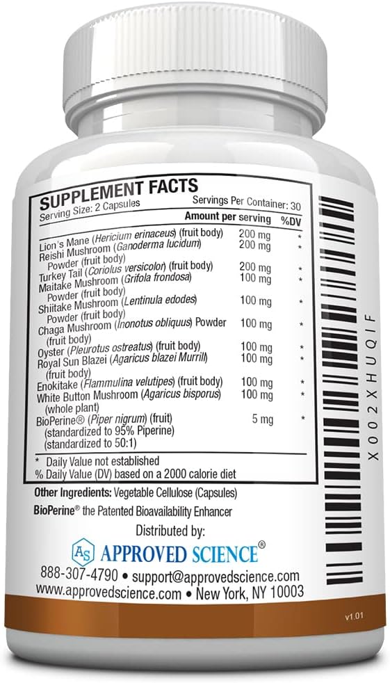 Immune and Cognitive Support Mushroom Complex with Lion’s Mane, Chaga, Reishi, Turkey Tail, Shiitake, and Oyster - 60 Vegan Capsules